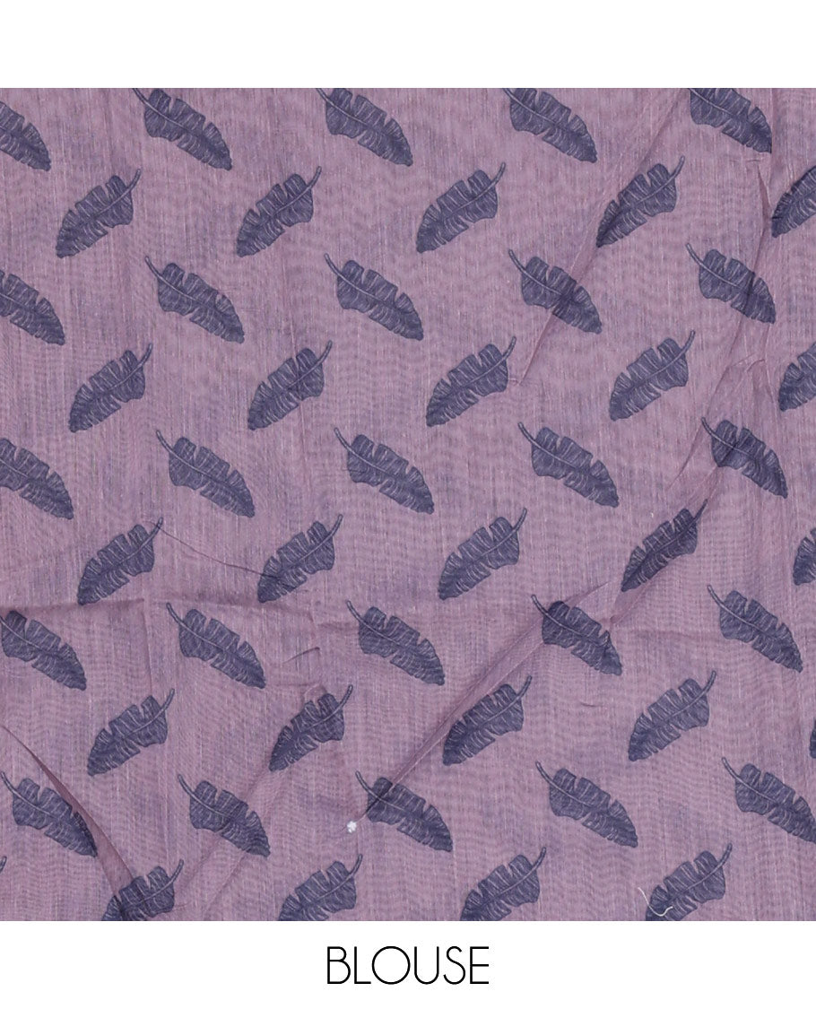 Borderless blue big banana leaf motifs printed chanderi cotton saree, printed pallu, and contrast printed blouse