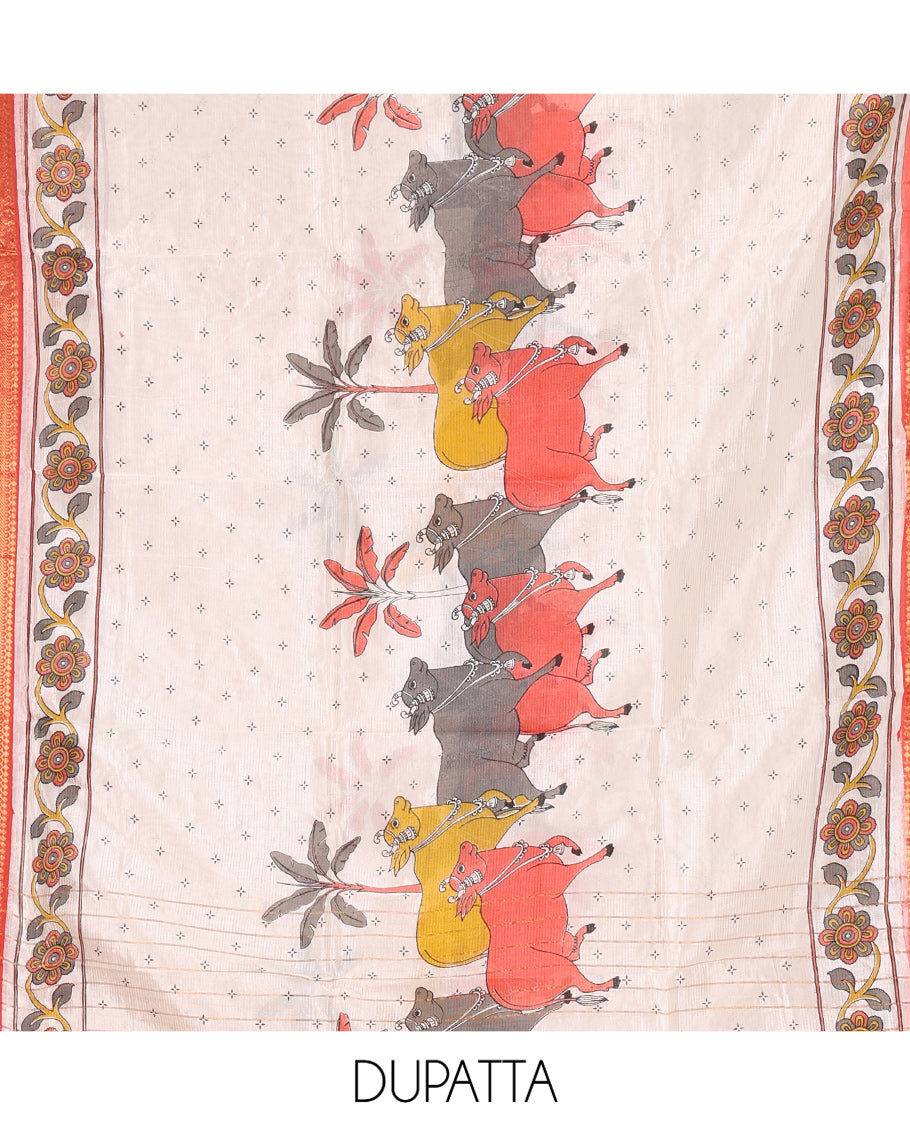 Orange Material Chudidhar Set, Delicately Woven with Dotted Stripes and Buttas on Its Semi-Silk Top, Plain Cotton Bottom, and Semi-Silk Dupatta Illustrating Pichwai Cow and Floral Print