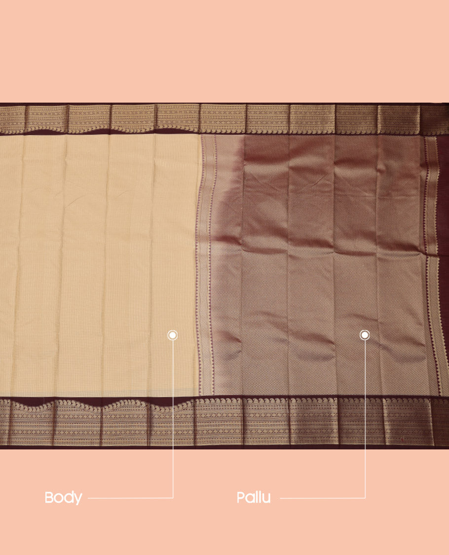Sandal Budget Silk Saree, Sparsely Sparkled with Zari Checks, Complemented by a Contrast Traditional Zari Border, Jaal Pallu, and a Contrast Blouse