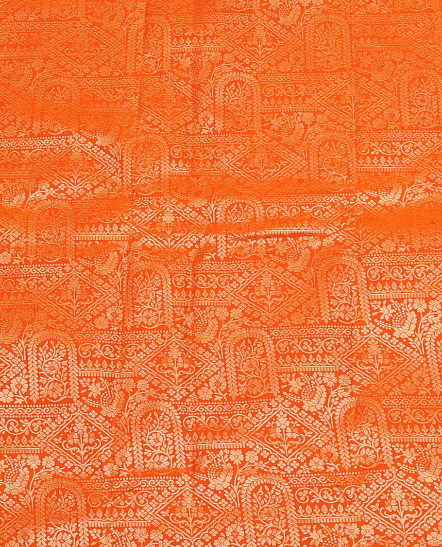 Orange Art Silk Material Half Saree Set, Bedecked with Jacquard Skirt, a Contrast Traditional Zari Border, Contrast Blouse, and an Intricate Dhavani