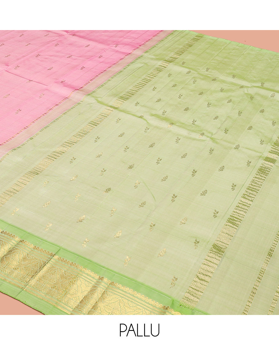 Pink Kanchipuram Silk Saree Features Zari Buttas, a Contrast One-Sided Zari Border, Zari-Woven Pallu, and No Blouse