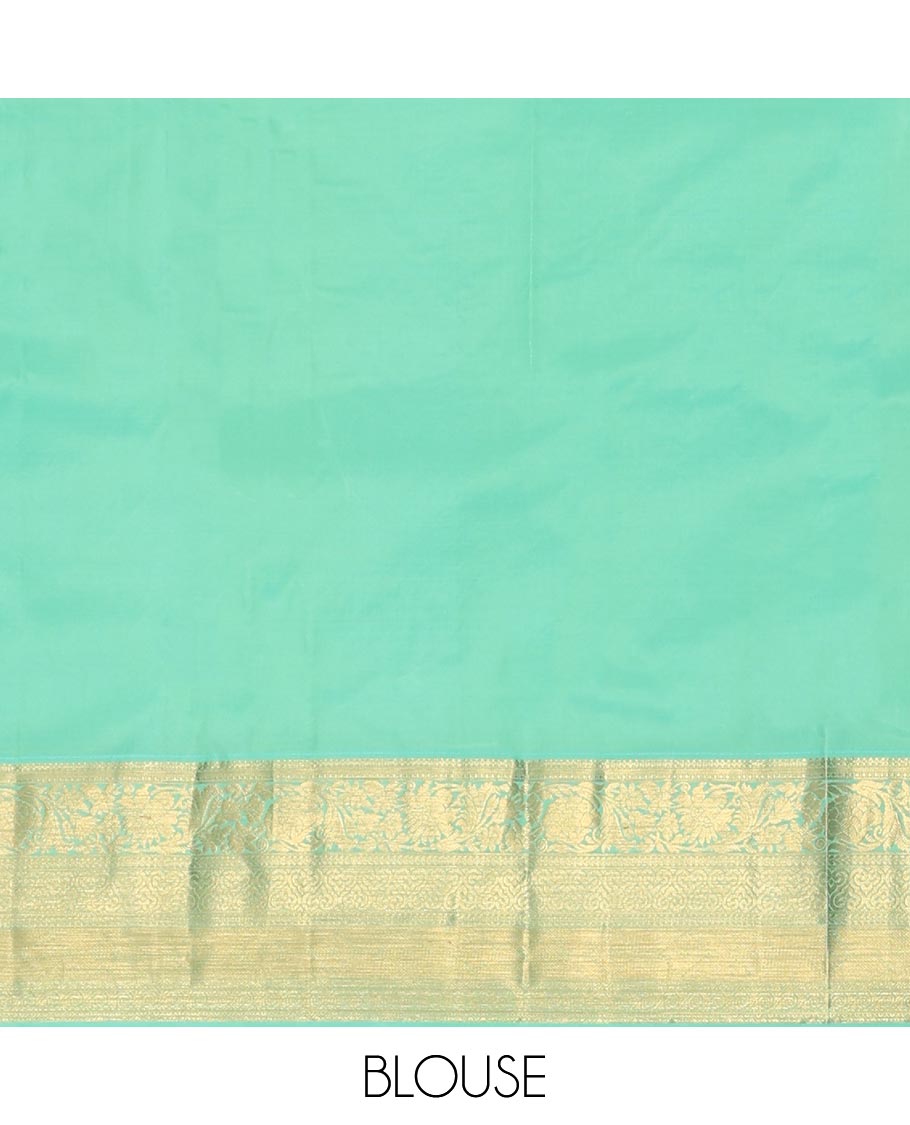 Turquoise Kanchipuram Wedding Silk Saree, Decorated with Jacquard Design, a Traditional Zari Border, Grand Pallu, and a Matching Blouse