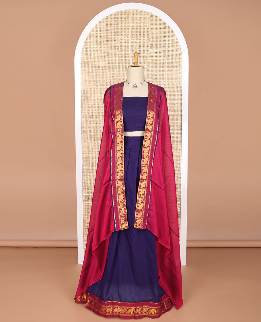 Dark blue cotton half saree with contrast temple, elephant design border, zari design blouse & zari design dhavani