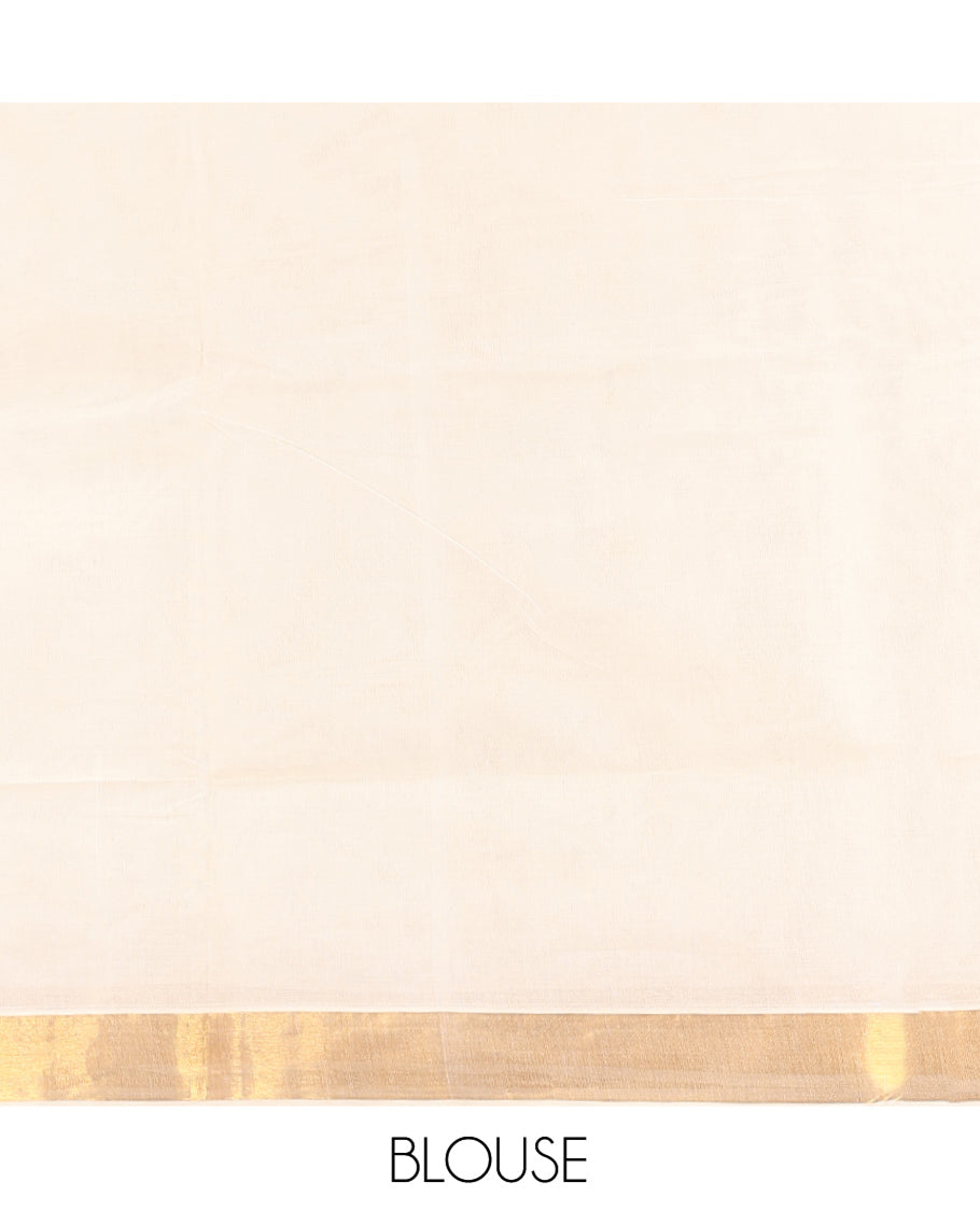 Cream Kerala Cotton Saree, Ornamented with Zari Buttas All Over Its Body, a Zari Bavanji Border, Pallu of Intricate Designs, and Paired with a Matching Blouse