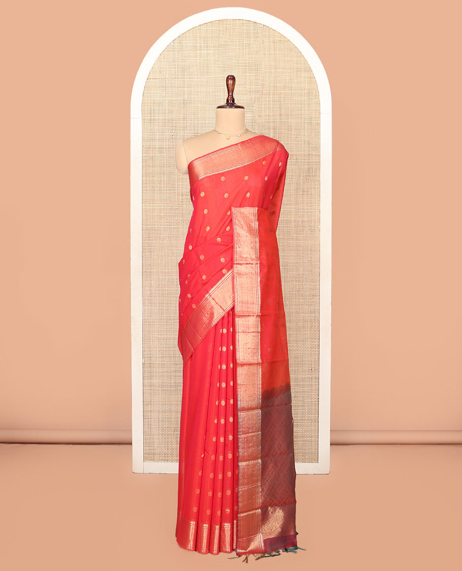 Red Silk Cotton Saree, Spotlighted by Zari Buttas On Its Body, Highlighted by Traditional Zari Border, Contrast Diagonally Woven Pallu and Paired with a Contrast Blouse