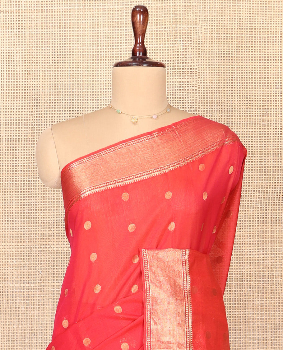 Red Silk Cotton Saree, Spotlighted by Zari Buttas On Its Body, Highlighted by Traditional Zari Border, Contrast Diagonally Woven Pallu and Paired with a Contrast Blouse