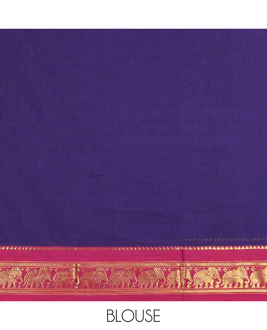 Dark blue cotton half saree with contrast temple, elephant design border, zari design blouse & zari design dhavani