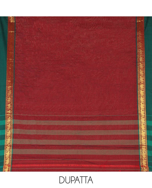 Maroon Plain Mercerised Cotton Material Churidar Set, Complemented by Contrast Elephant Motifs Woven Zari Border, Comes with a Plain Mercerised Cotton Bottom, and Is Paired with a Matching Mercerised Cotton Dupatta Mirroring the Same Design