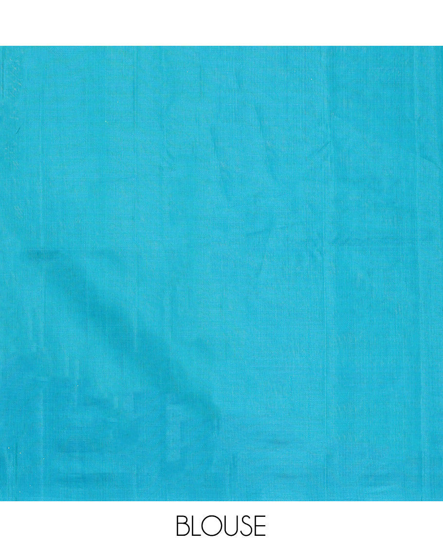 Green Cotton Saree, Accentuated with Zari Buttas, a Contrast Zari Butta Border, a Geometric Pallu, and a Contrast Blouse