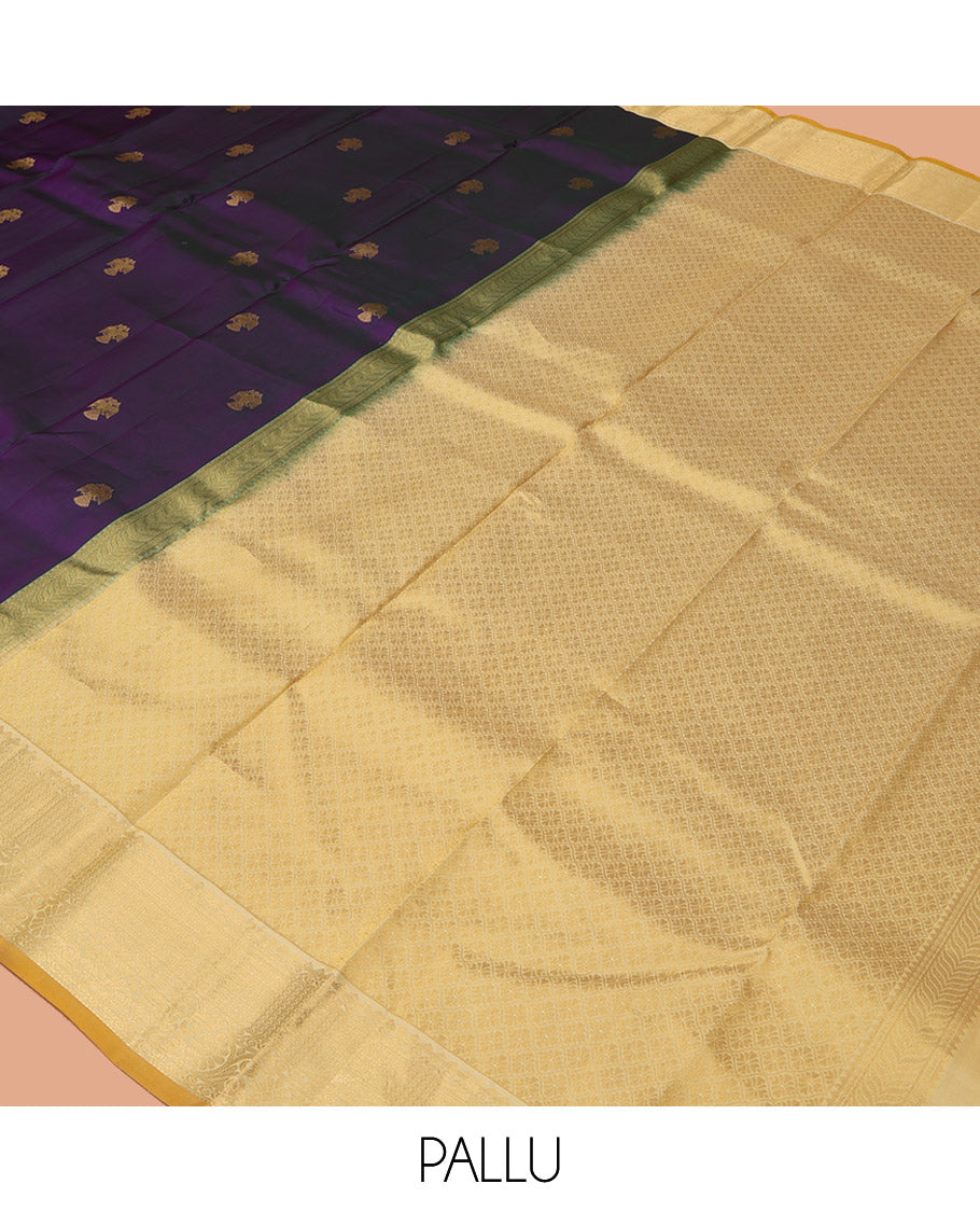 Purple Vasundhara Silk Saree, Elevated with Iruthakshi Buttas All Over Its Body, Complemented by a Contrast Border of Rekku, Then Kuli Kann, and Kodi Visiry Designs, Grand Jaal Pallu, and Paired with a Contrast Blouse