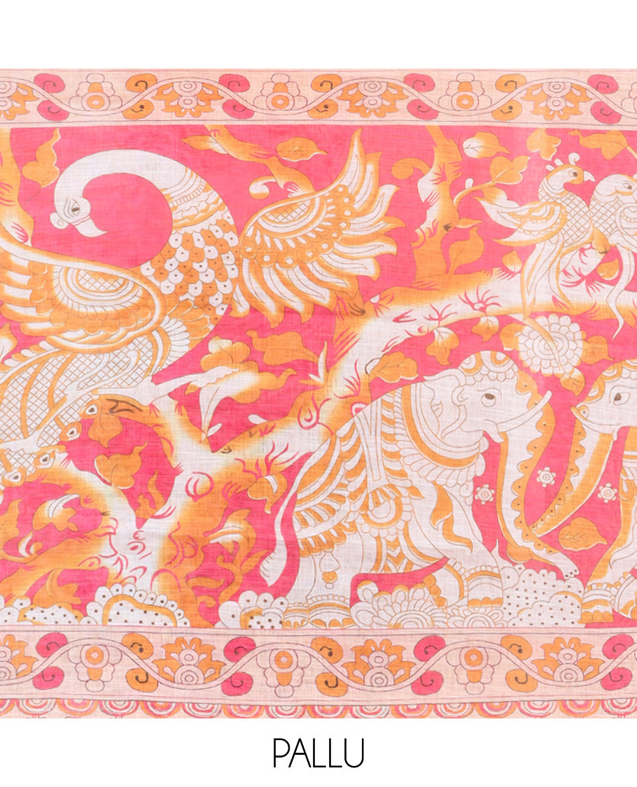 Orange  Linen Cotton Saree Features Kalamkari-Style Human Motifs Print, a Piping Border, Contrast Printed Pallu, and Contrast Blouse