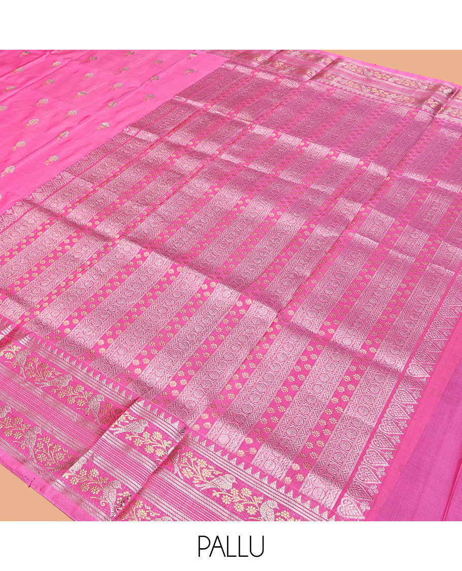 Pink Venkatagiri Silk Saree, Woven with Zari Butta and Chevron Stripes All Over Its Body, Highlighted by a Traditional Zari Border, Pallu of Rudraksham Designs, and Paired with a Matching Blouse