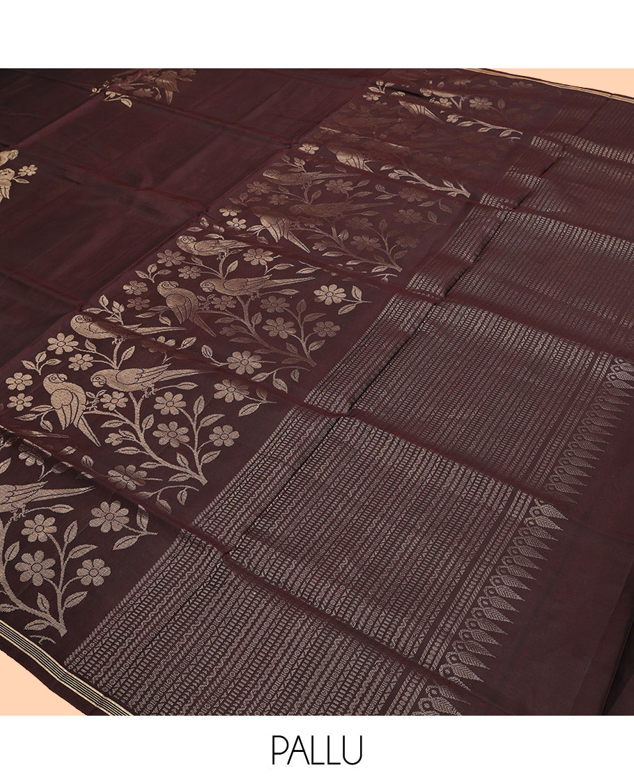 Brown Mayuri Lite Silk Mix Saree, Ornamented With Floral-Macaw Buttas, a Subtle Piping Border, Geometric Pallu and a Matching Blouse