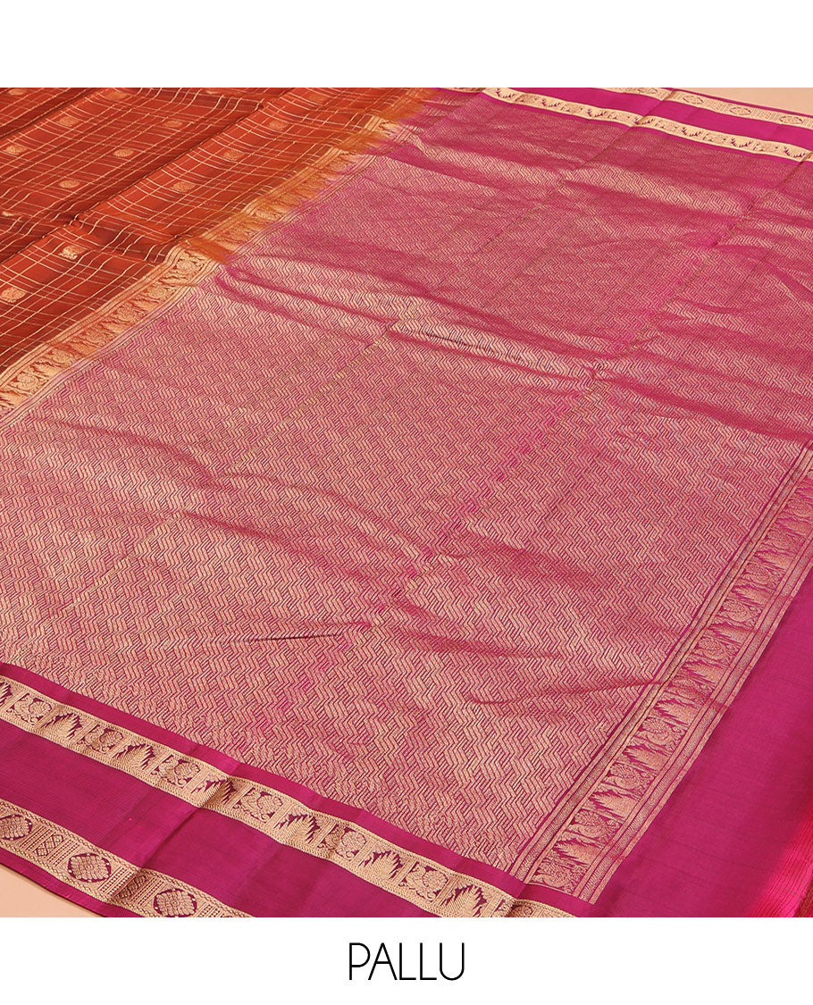 Orange Vasundhara Lite Silk Mix Saree, Enriched with Mayil-Chakram Butta Enclosed Checks, Complemented by Contrast Rettai Pettu Border of Mayil, Thazampoo Rekku, and Laddu Kamalam Designs, Geometric Patterned Pallu, and Paired with a Contrast Blouse