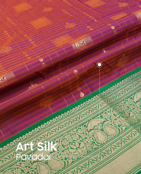 Purple floral design art silk pavadai material with contrast intricate zari design border & floral design blouse