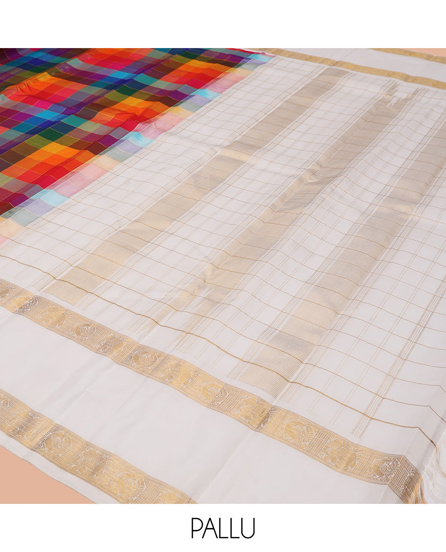 Multi-Color Palum Pazhamum Kattam Kanchipuram Silk Saree, Complemented by a Contrast Korvai Rettai Pettu Mayil Border, Checked Pallu, and Contrast Blouse