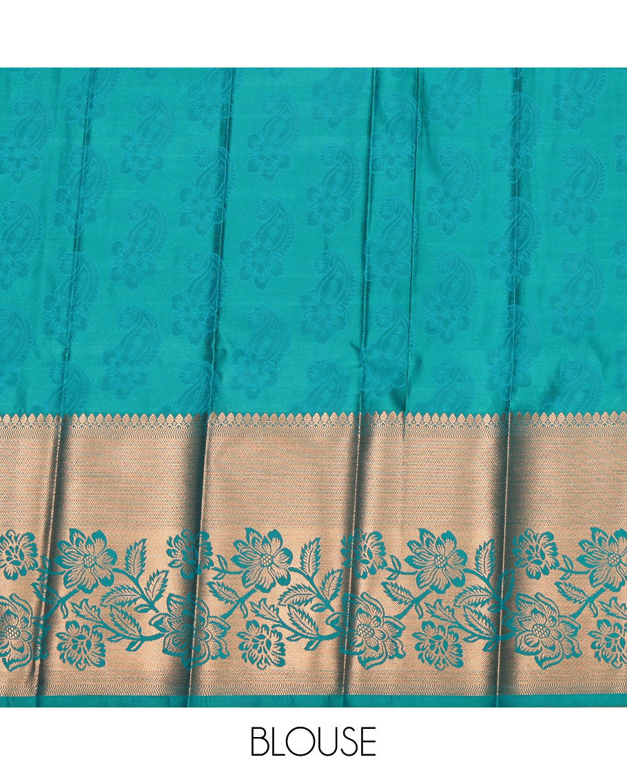 Peach Budget Silk Saree, Spotlighted with a Jacquard Design, Complemented by a Contrast Floral Creeper Zari Border, Grand Pallu, and Contrast Blouse
