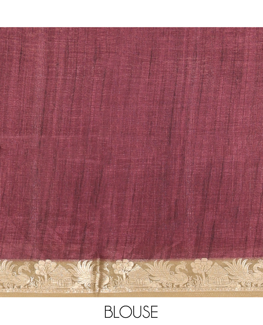 Brown Kalamkari Printed Semi-Banarasi Tussar Saree, Boldly Accentuated with Flora-Fauna Motifs, Contrast Border, Pallu of Fauna Motifs, and a Matching Blouse