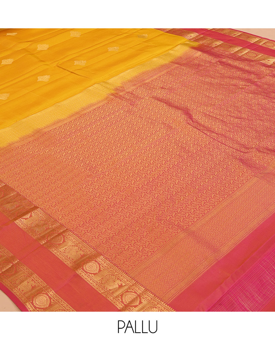 Yellow Buttas Vasundhara Lite Silk Mix Saree, Contrast Rettai Pettu Mayil-Chakram Border, Contrast Blouse