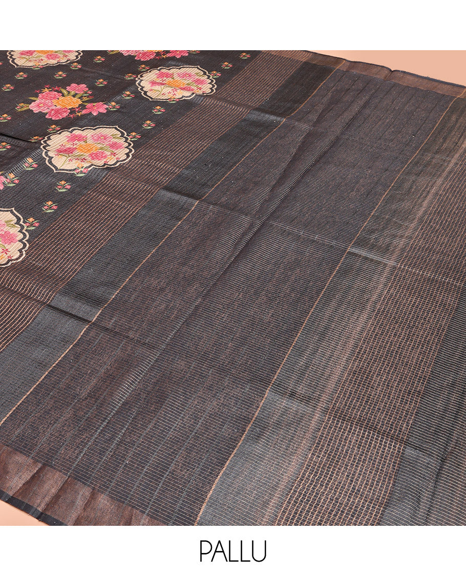 Black Tussar Silk Saree, Colorfully Printed with Floral Motifs, and Sparsely Woven Checks On Its Body, a Subtle Border, Striped Pallu, and Paired with Matching Blouse
