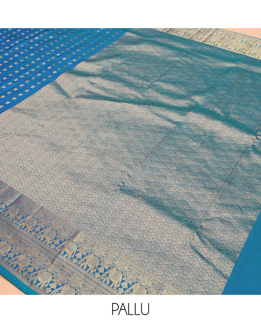 Blue Vasundhara Lite-Silk Mix Saree, Artfully Woven with Mayil Buttas, Highlighted by Zari Border of Rettai Neli, and Yaanai Designs, Grand Ogee Patterned Pallu, and Paired with a Matching Blouse