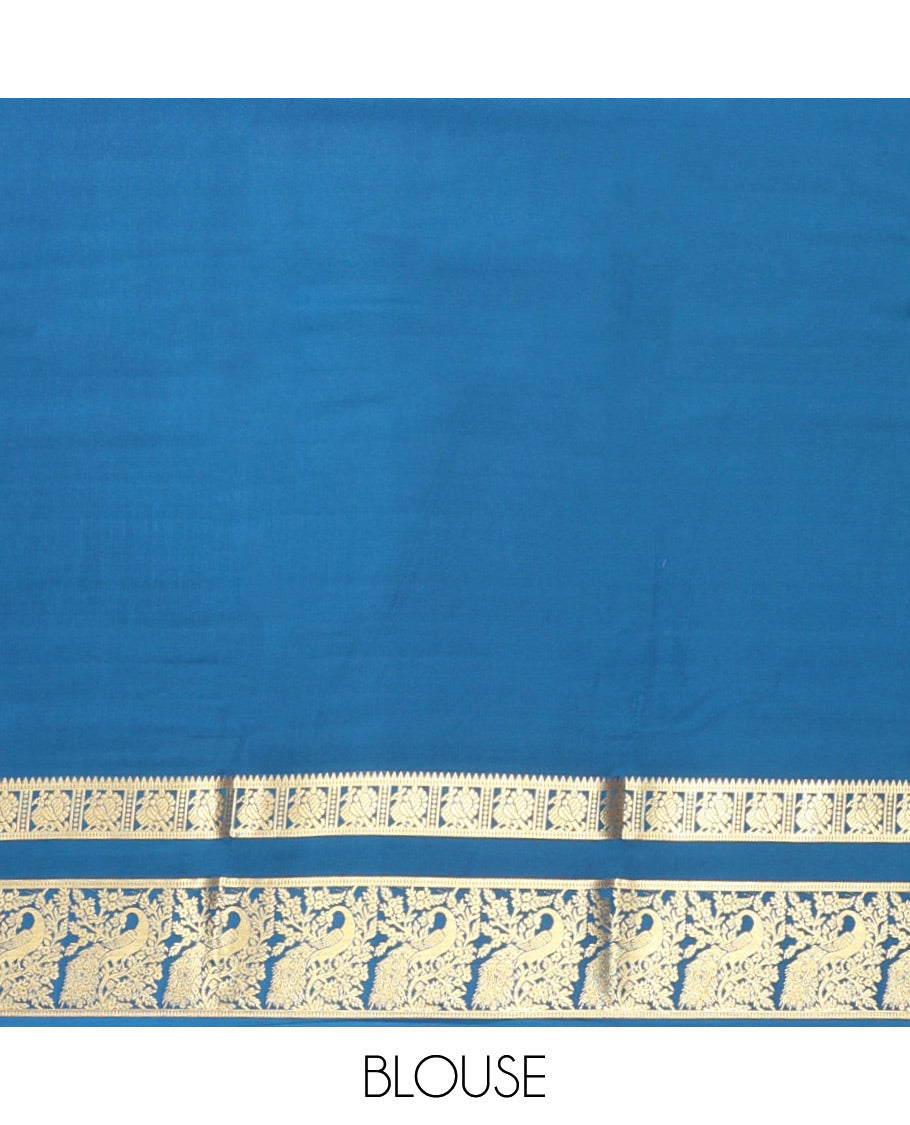 Peacock Blue Plain Mysore Silk Saree, Richly Detailed with Zari Border of Peacock Designs, Sparsely Woven Pallu of Stripes, and Paired with a Matching Blouse