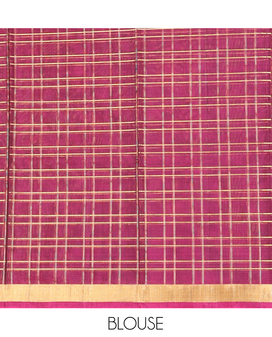 Magenta Silk Cotton Saree, Elegantly Framed with Checks, a Zari Border, Pallu of Temple Designs, and a Matching Blouse