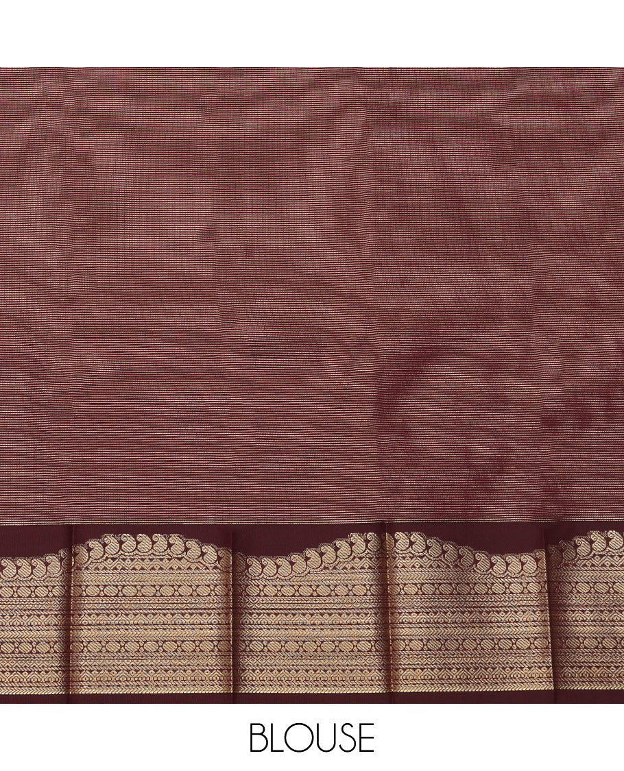Sandal Budget Silk Saree, Sparsely Sparkled with Zari Checks, Complemented by a Contrast Traditional Zari Border, Jaal Pallu, and a Contrast Blouse