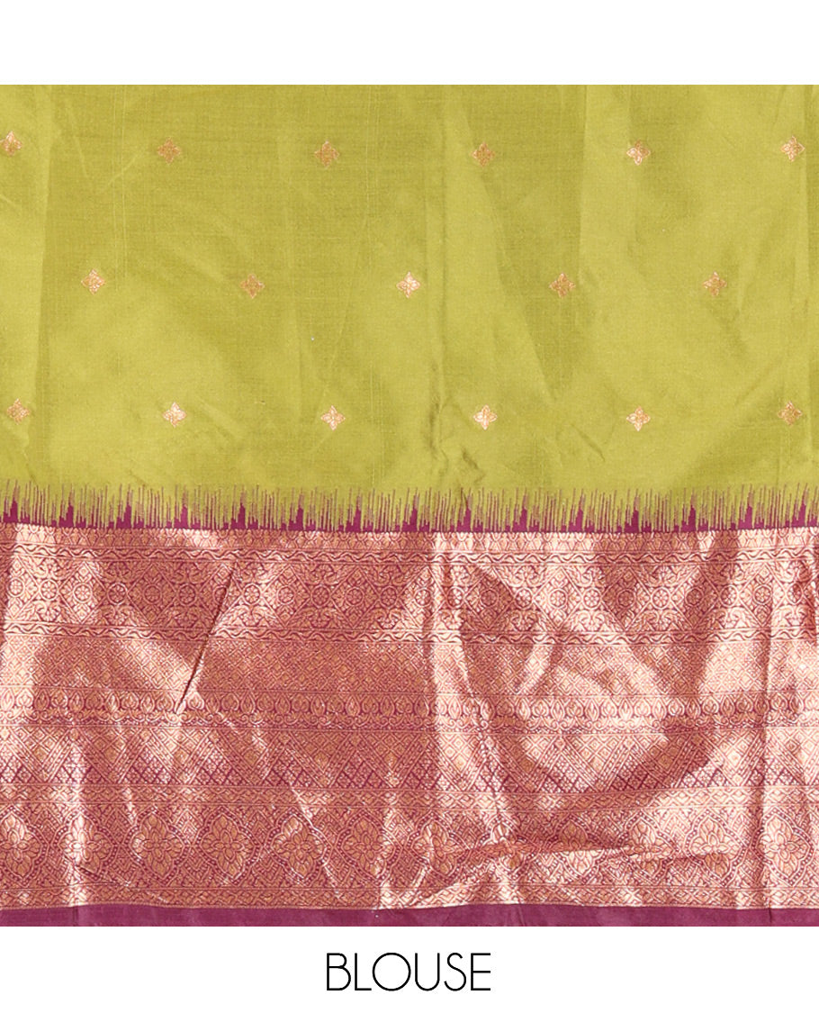 Parrot Green-Purple Semi-Silk Half-Saree, Zari Buttas Skirt, Contrast Traditional Zari Border, a Matching Blouse, a Contrast Blouse