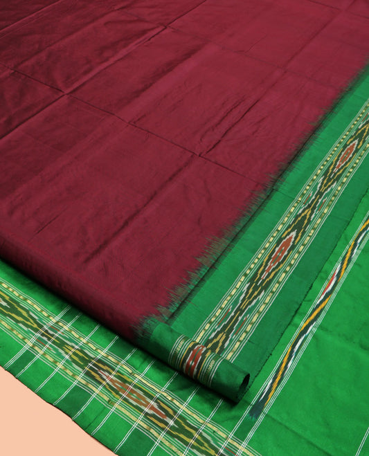 Maroon Plain Pochampally Ikat Silk Saree, Complemented by a Contrast Ikat Border, Ikat-Style Pallu, and No Blouse