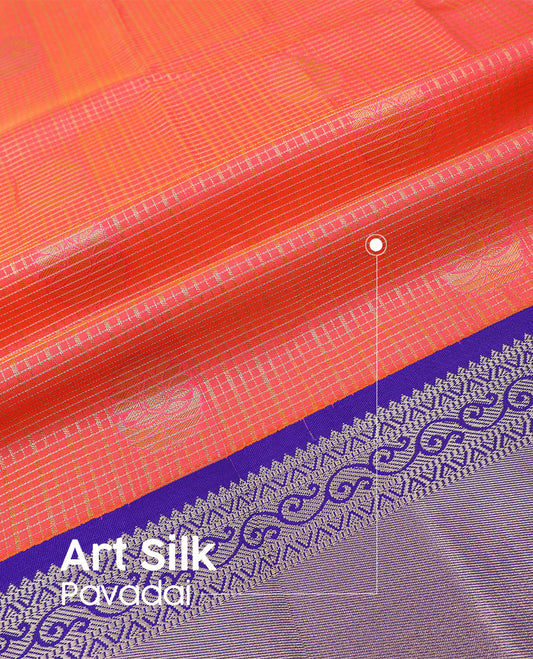 Red art silk pavadai material set, zari buttas checked pavadai, contrast blouse & contrast traditional zari border