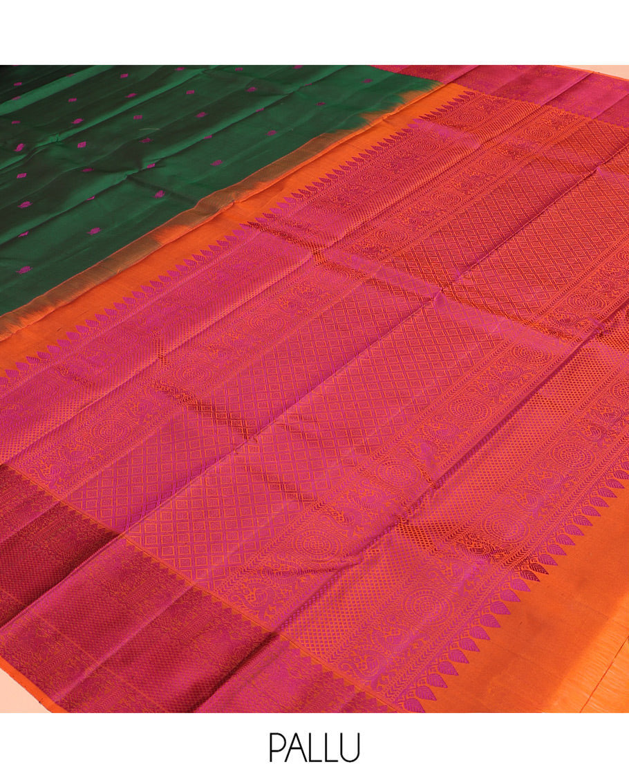 Green Kanchipuram Silk Saree, Accentuated with Thread Buttas All Over Its Body, Complemented by Contrast Border of Iruthalai Pakshi,  and Mayil Kann Designs, Jaal Pallu, and Paired with a Contrast Blouse