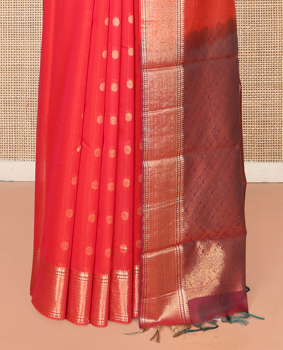 Red Silk Cotton Saree, Spotlighted by Zari Buttas On Its Body, Highlighted by Traditional Zari Border, Contrast Diagonally Woven Pallu and Paired with a Contrast Blouse