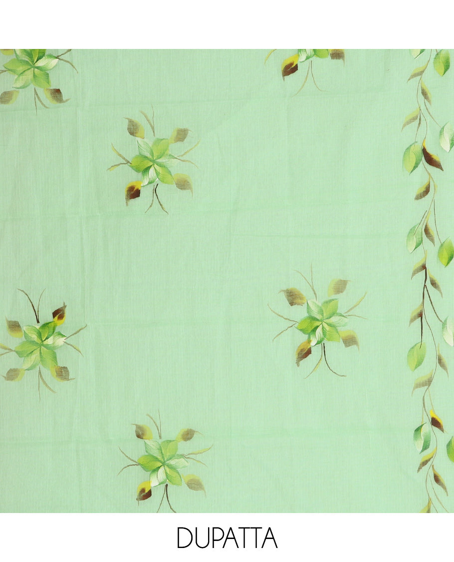 Pista Green Net Kota Material Churidar, Adorned with Hand-Brush Painting Floral Printed Top, a Plain Bottom, and Hand-Brush Floral Printed Dupatta