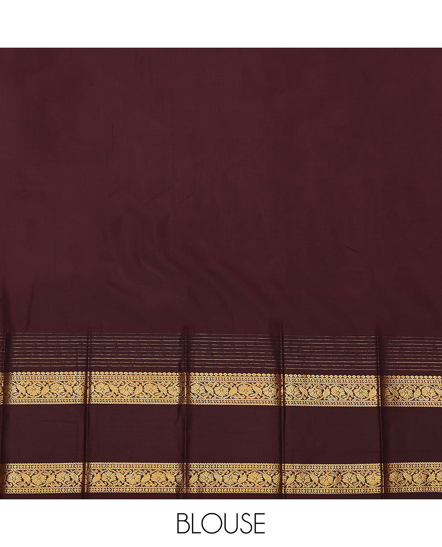 Orange Budget Silk Saree, Enriched with Zari Buttas and Stripes, Complemented by a Contrast Traditional Zari Temple Rettai Pettu Border, Grand Pallu, and a Contrast Blouse