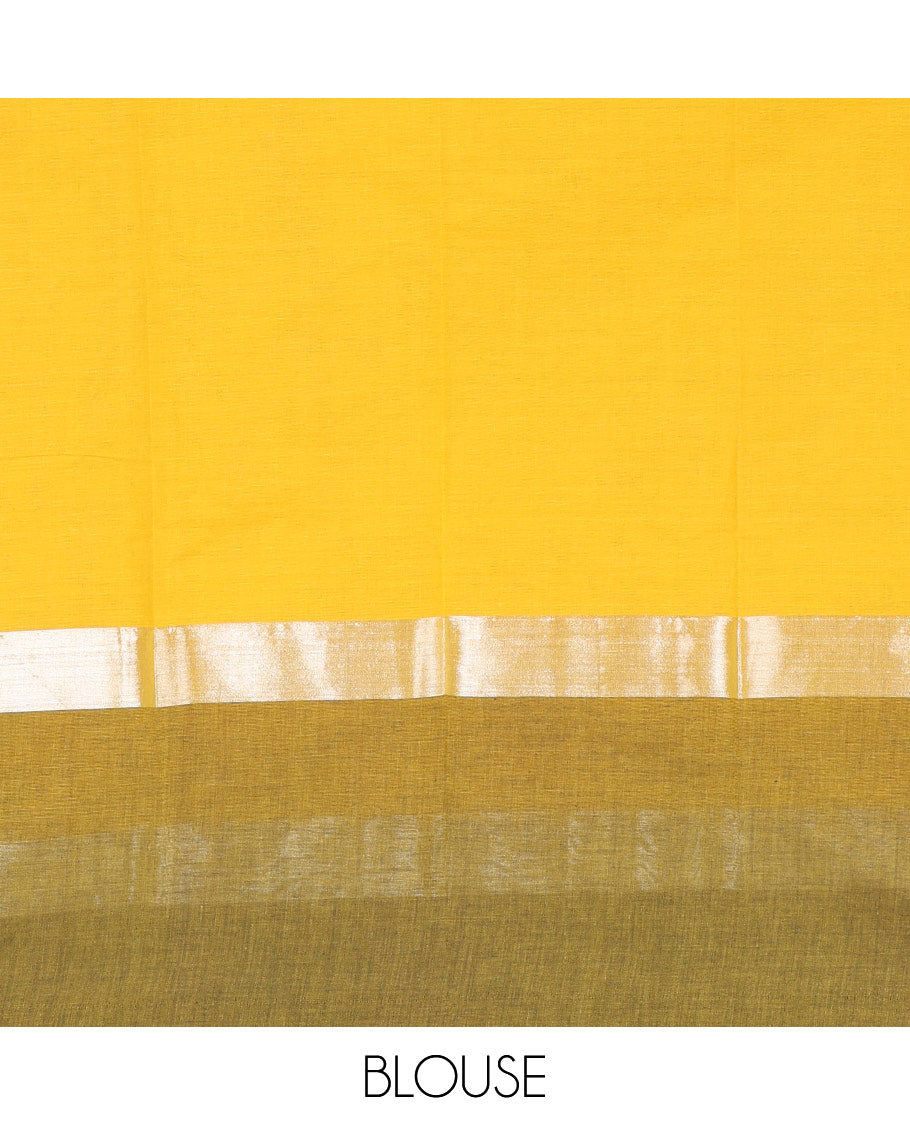 Yellow Chirala Cotton Saree, Steeped with Buttas, a Contrast Floral Border, Printed Pallu, and a Contrast Blouse