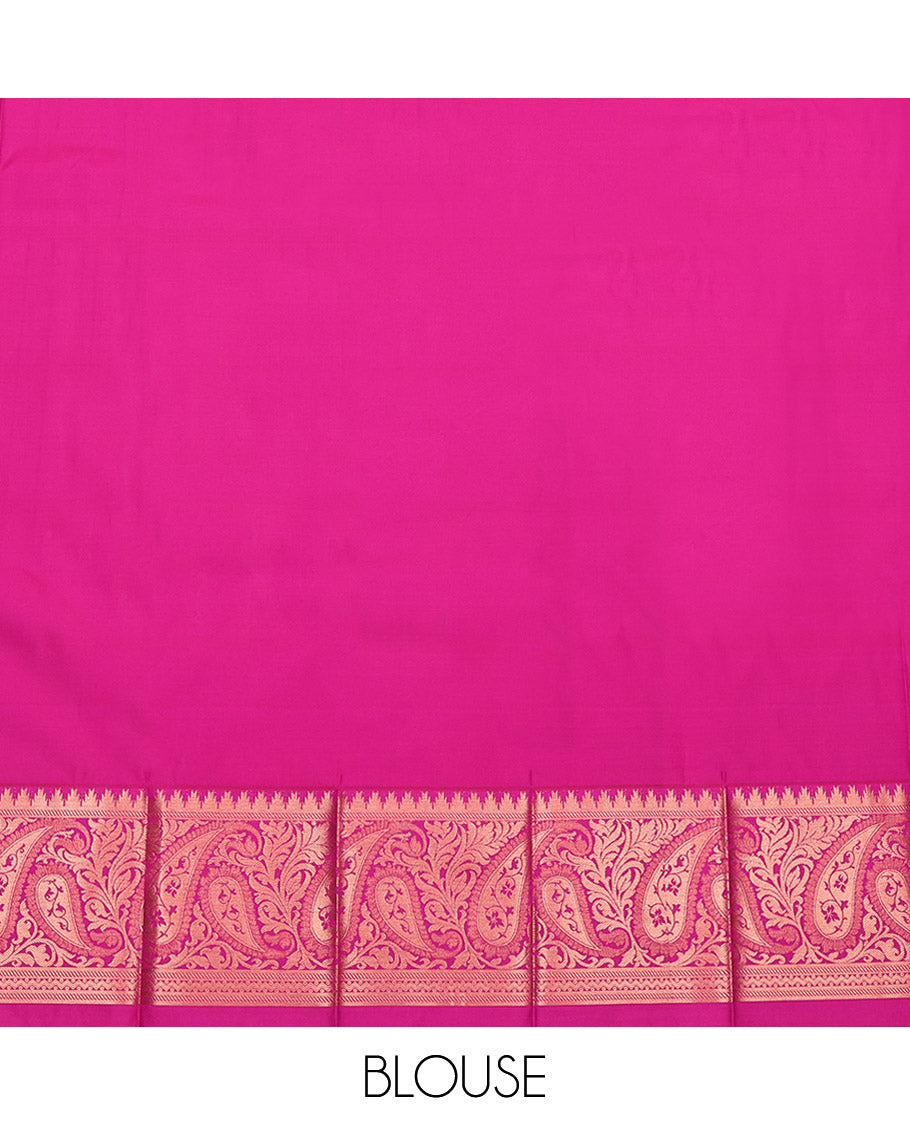 Orange Budget Silk Saree Showcasing Jacquard Design, Complemented by Contrast Paisley Zari Border, Grand Pallu, and a Contrast Blouse