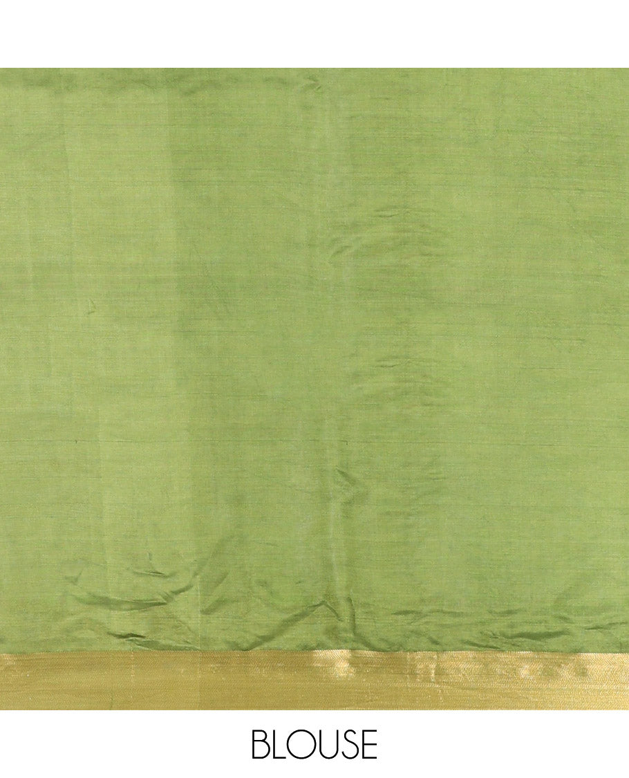 Green Banana Pith Saree, Embellished with Zari Designs, a Zari Border, Striped Pallu, and Matching Blouse