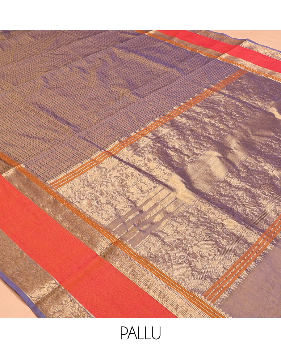 Lavender Buttas-Checks Kuppadam Silk Saree, a Contrast Double-Pet Border, Grand Pallu,  Matching Blouse