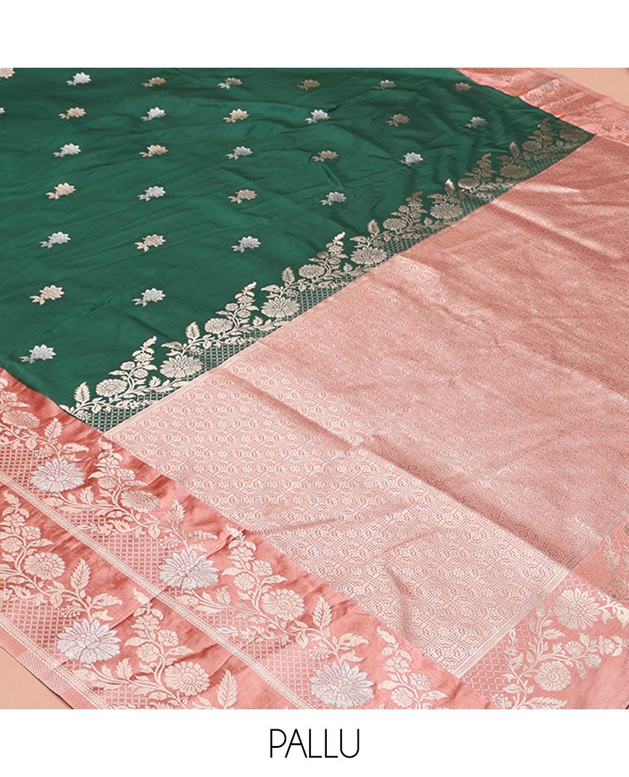 Bottle Green Mushuru Silk Saree, Enriched with Zari Buttas All Over Its Body, Complemented by Captivating Contrast Border of Floral Jaal Designs, Grandly Decked Up Pallu and Paired with a Contrast Blouse