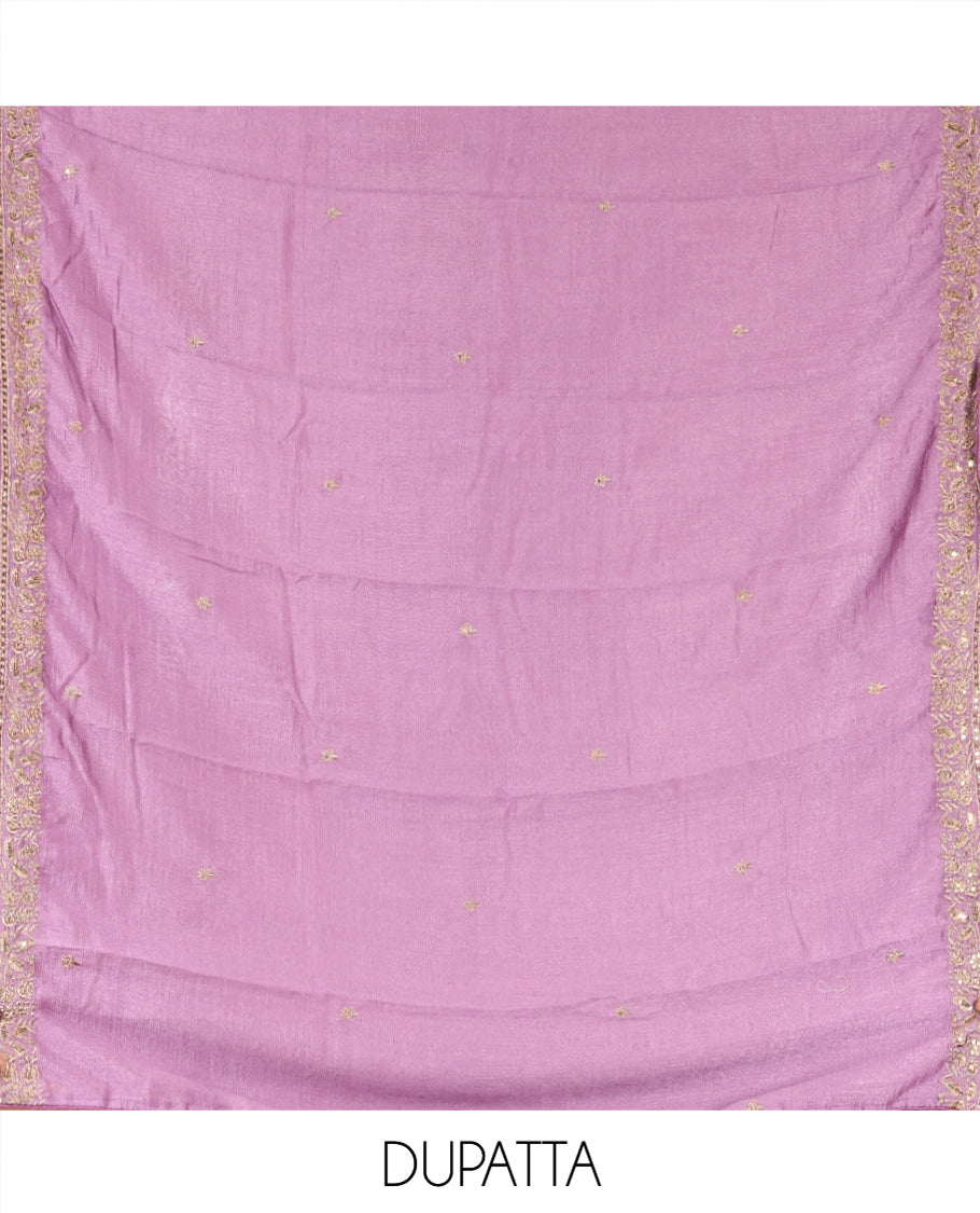 Lavender Vichitra Silk Material Chudidar, Embroidered and Cut-work Top, Santoon Bottom, and an Embroidered Dupatta