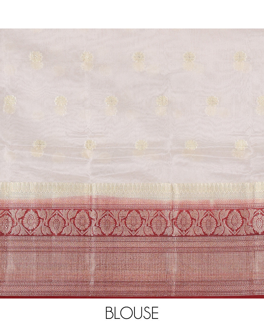 Cream-Red Organza Half-Saree Features Zari Buttas Skirt, Contrast Traditional Border, Matching Blouse, Contrast Dhavani