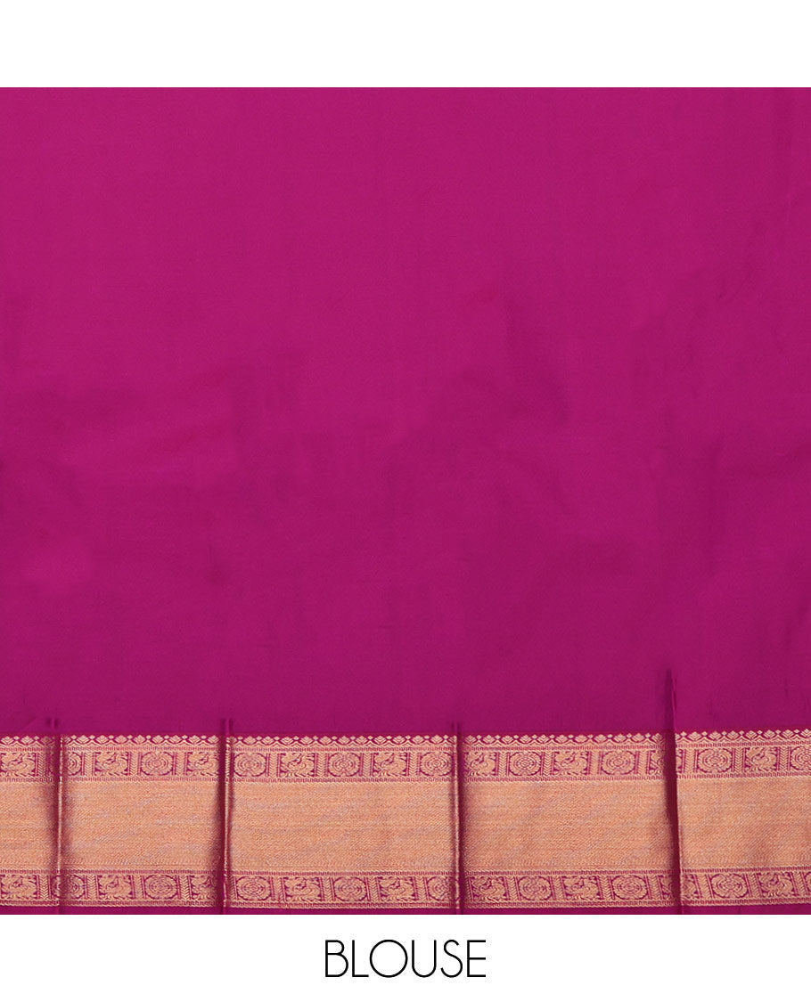 Green Budget Silk Saree, Sparsely Woven with Zari Buttas All Over Its Body, Complemented by a Contrast Traditional Zari Design Peacock-Chakram Border, Grand Pallu, and Paired with a Contrast Blouse