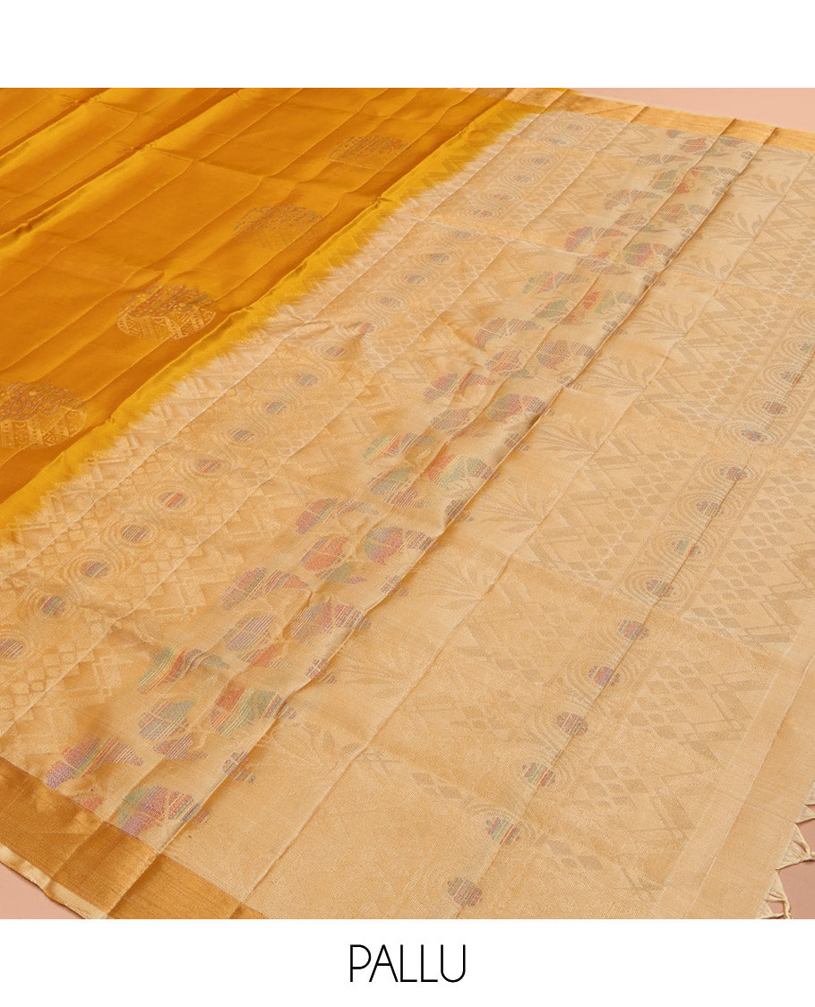 Yellow Mayuri Lite Silk Mix Saree, Sparsely Woven with Zari Buttas, Highlighted by Zari Bavanji Border, Intricate Pallu, and a Contrast Blouse