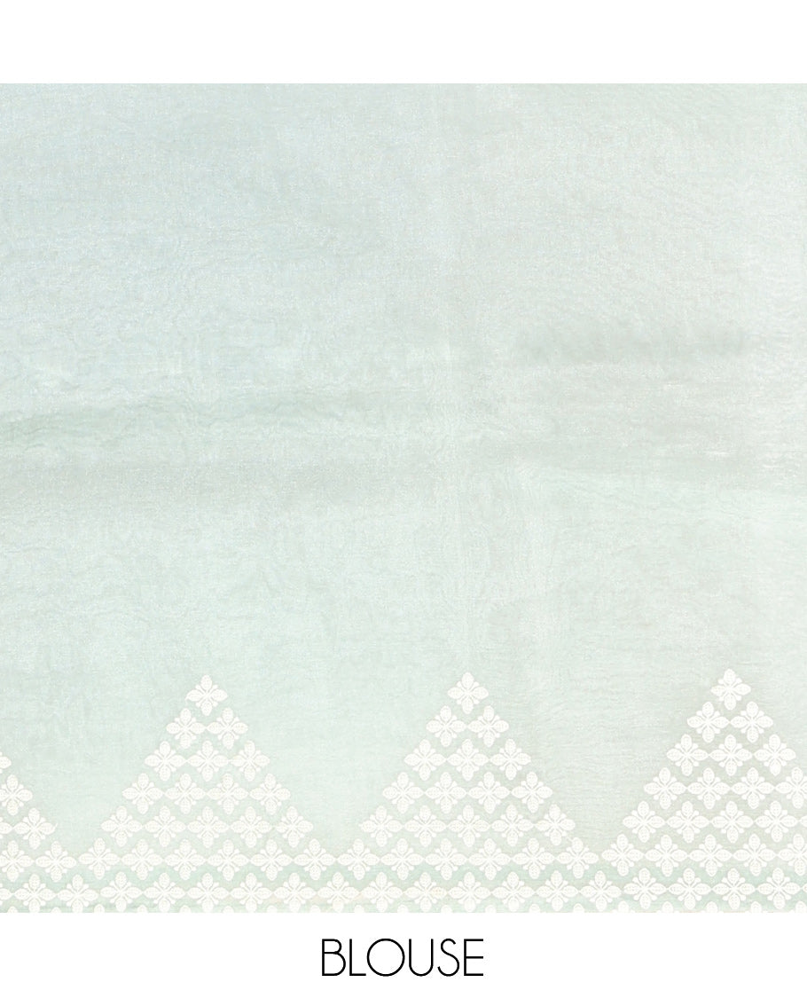 Pale Blue Plain Organza Saree, Highlighted by Scallop Embroidery Border, and Matching Blouse