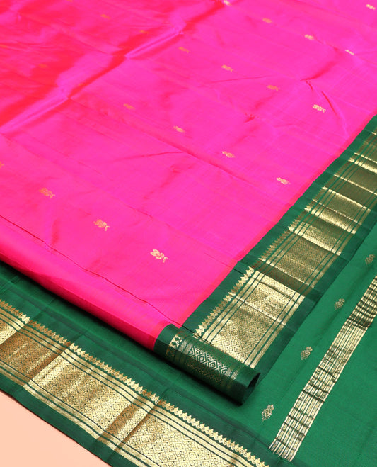 Pink Kanchipuram Silk Saree, Finely Crafted with Zari Buttas, Contrast Korvai Border of Thilakam Mokku, Banaras, and Jaal, Zari Design Pallu, and No Blouse