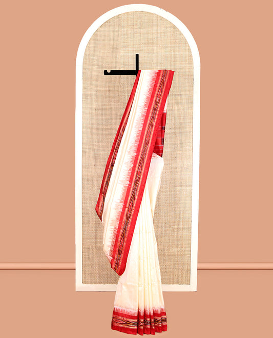 Cream Plain Pochampally Ikat Silk Saree, Complemented by a Contrast Ikat Textured Border, Ikat Pallu, and No Blouse
