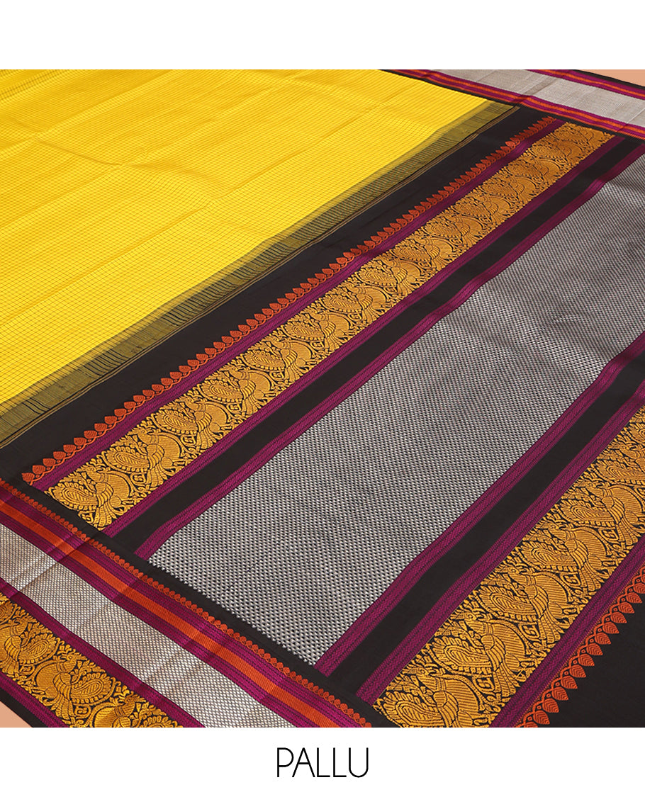 Yellow Kanchipuram Silk Saree, Woven with Checks, Complemented by Contrast Korvai Border of Thilakam Mokku, Rettai Neli, Kuyil Kann and Mayil Designs, Ara Maadam Pallu, and a Contrast Blouse