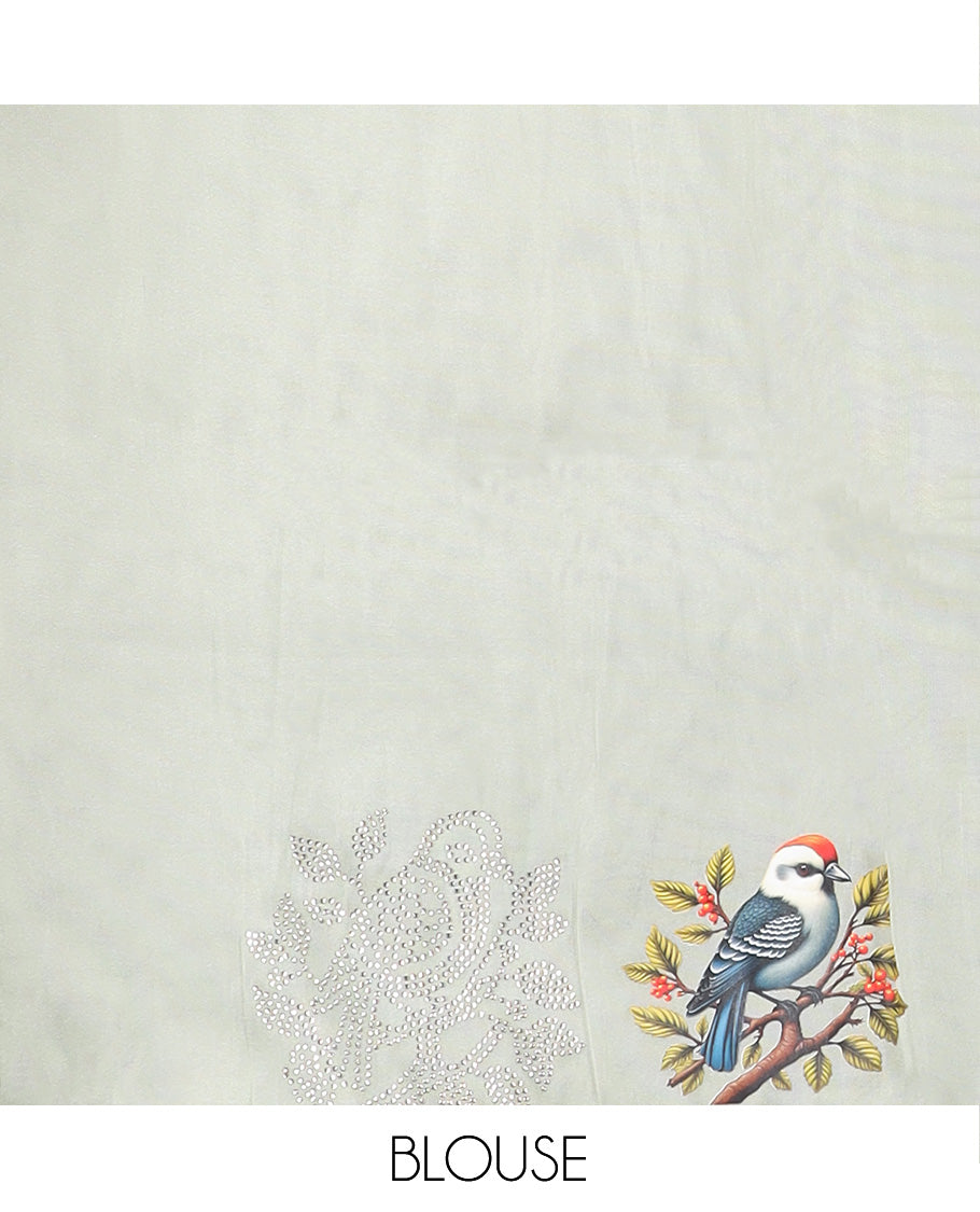 Green micro stone work designer saree with scallop stone work border of sparrow motifs digital print, and pallu of micro-stone work