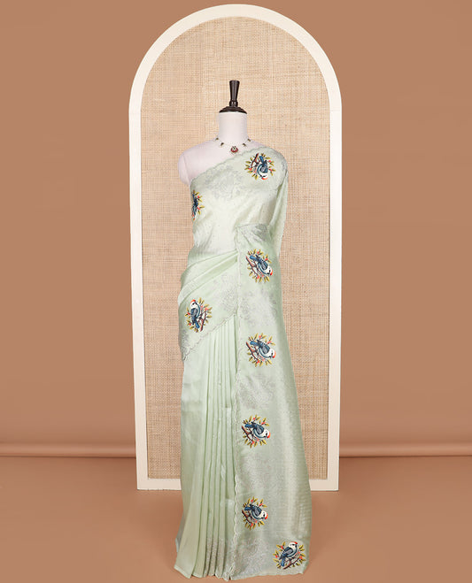 Green micro stone work designer saree with scallop stone work border of sparrow motifs digital print, and pallu of micro-stone work